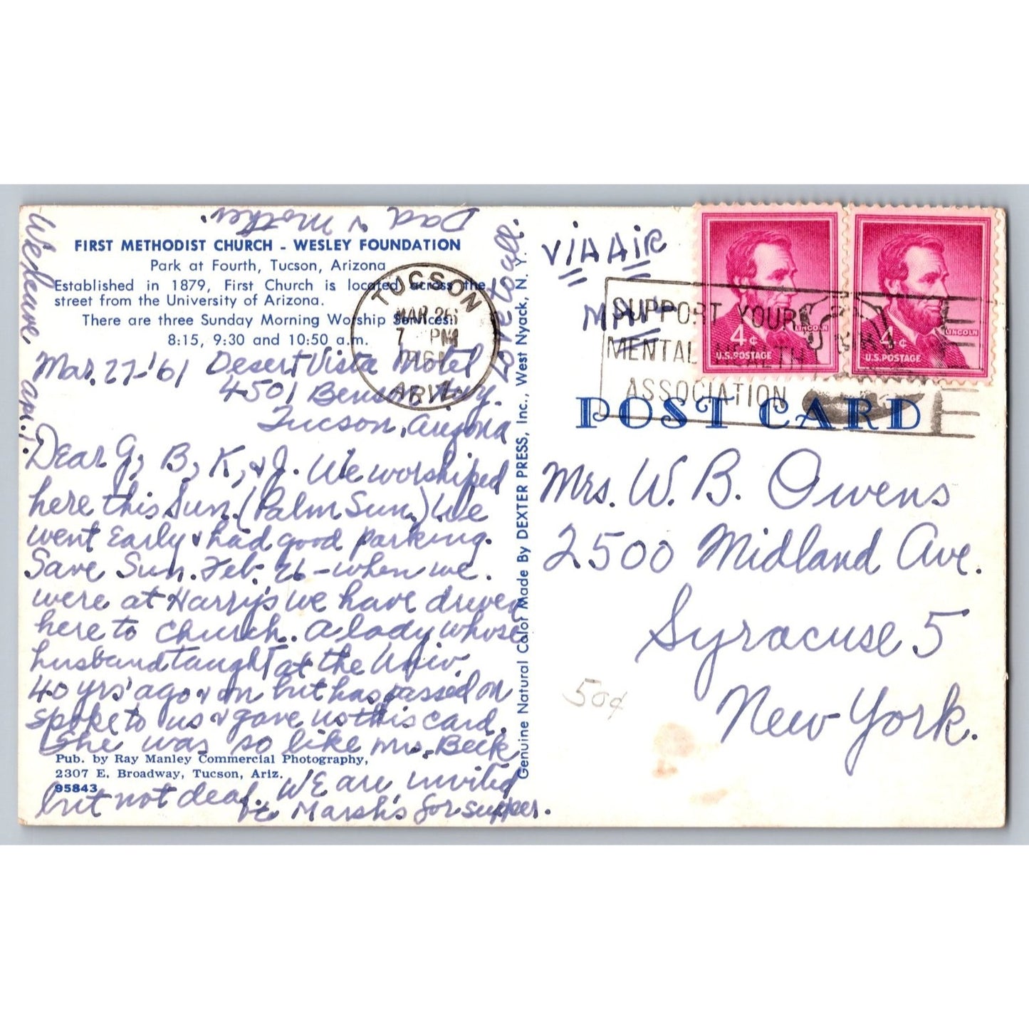 Tucson AZ Arizona First Methodist Church Wesley Foundation 1961 Chrome Postcard
