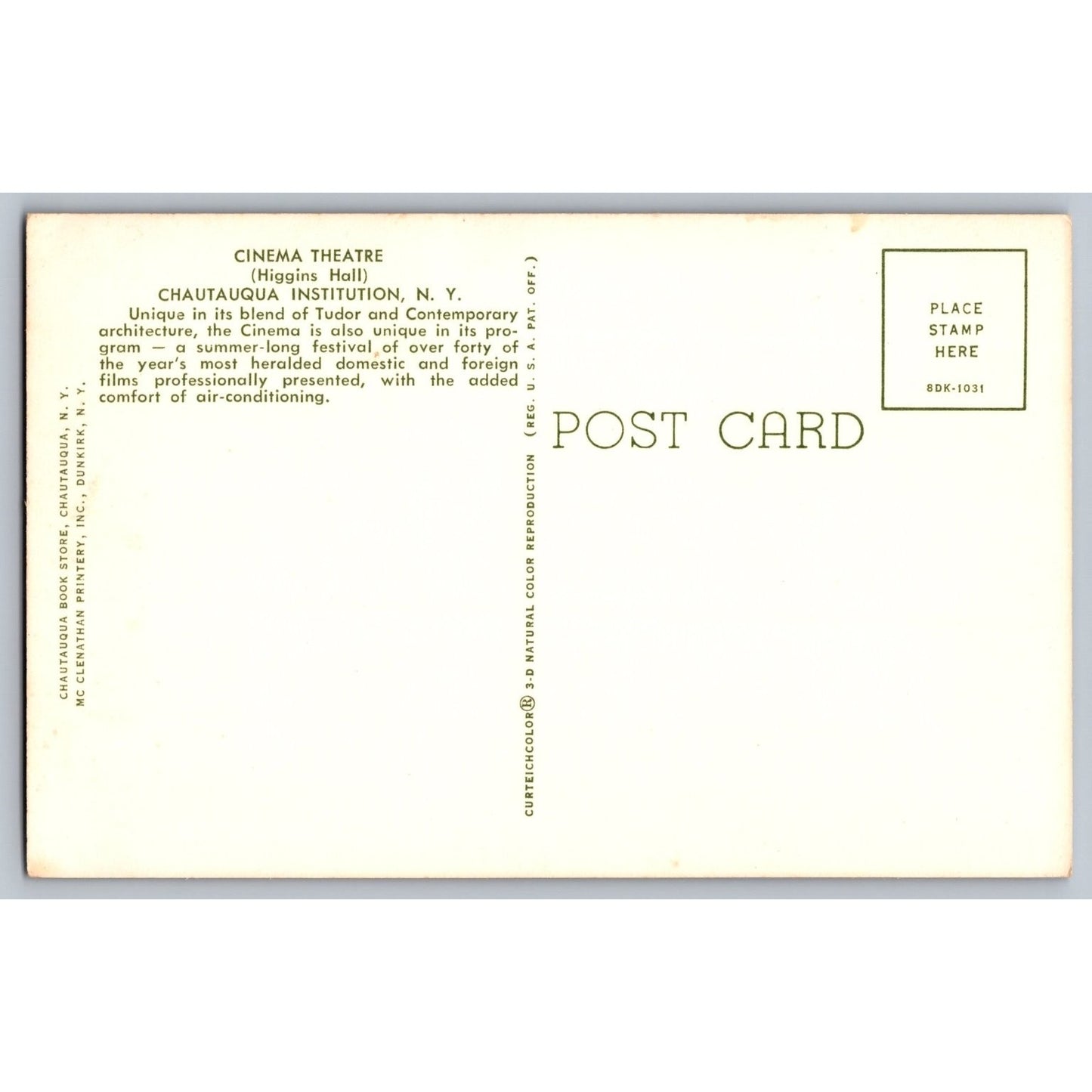 Chautauqua NY New York Cinema Theatre Higgins Hall Chautauqua Institution Postcard