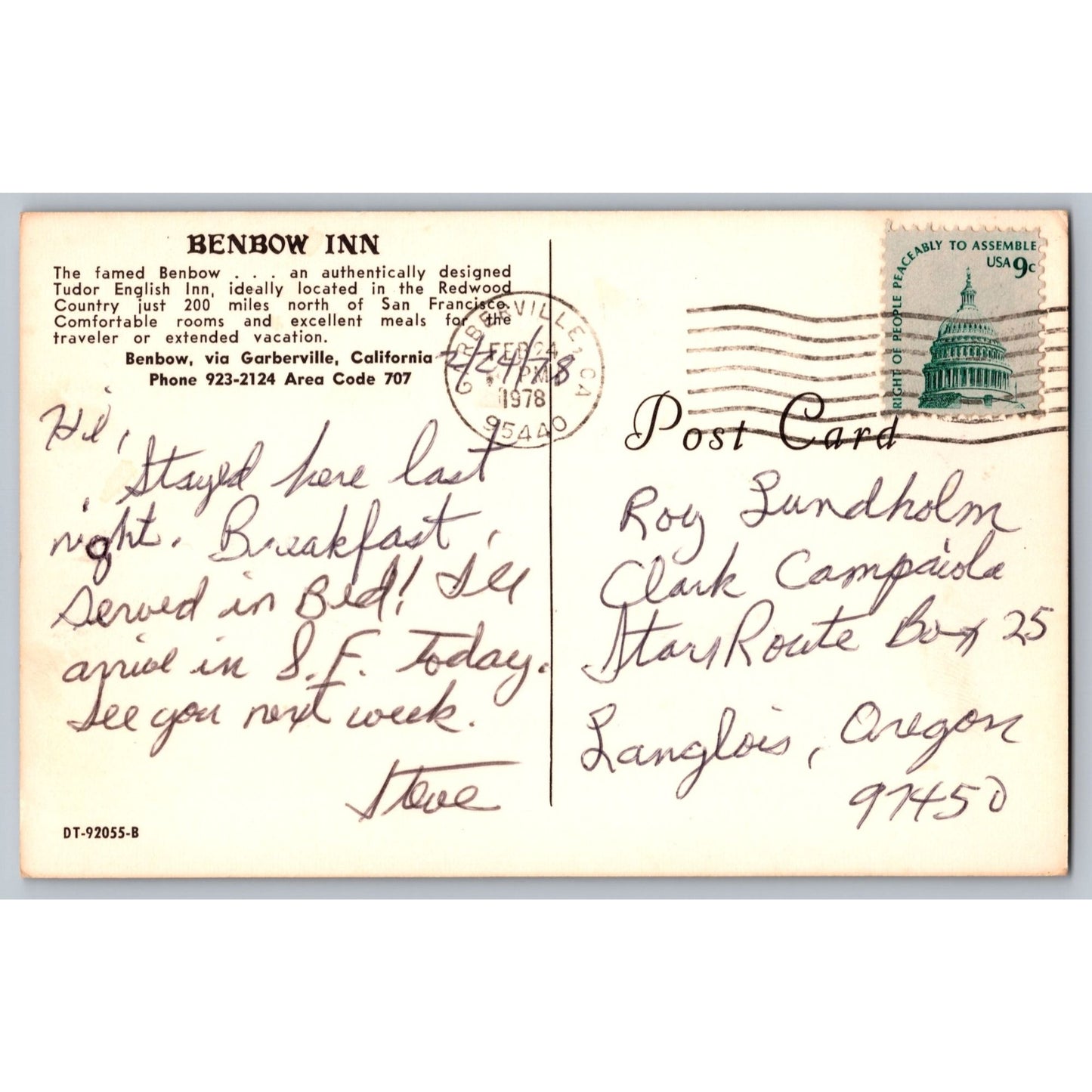 Garberville CA California Benbow Inn Postcard 1978 Redwood Golf Scene