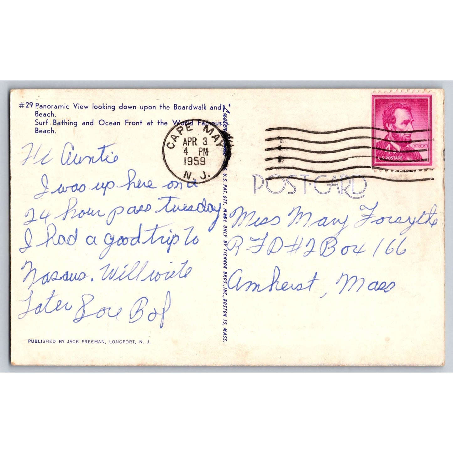 Atlantic City NJ New Jersey Boardwalk & Beach Scene Greetings Postcard 1959