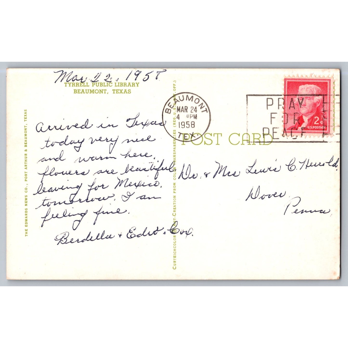 Beaumont TX Texas Tyrrell Public Library 1950s Chrome Postcard Used