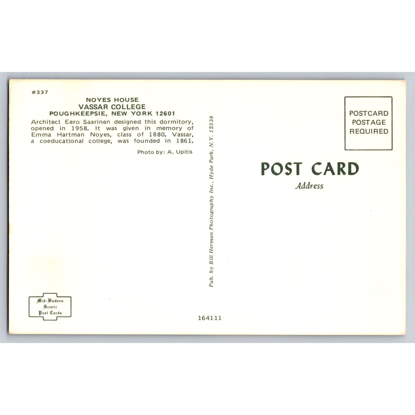 Poughkeepsie NY New York Vassar College Noyes House Dormitory 1958 Postcard