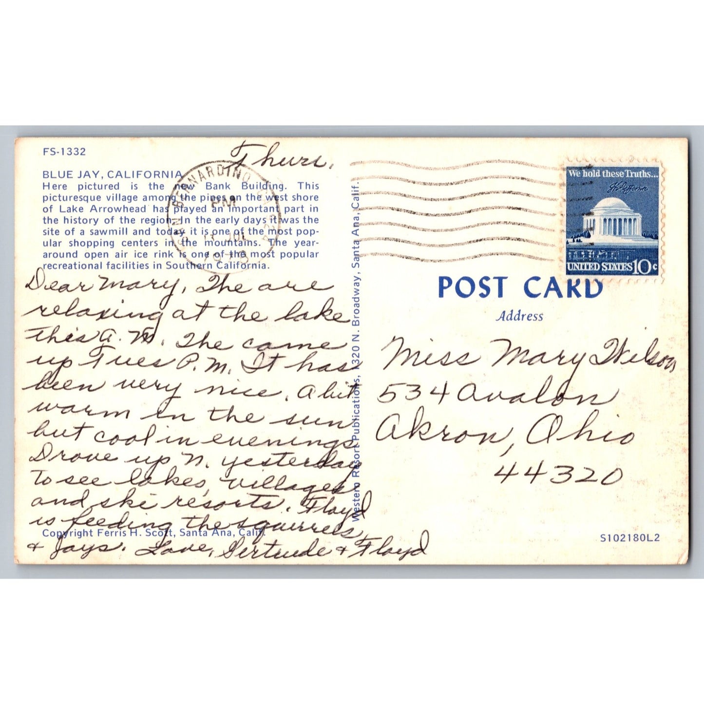 Blue Jay CA California New Bank Building & Bird Chrome Postcard Used