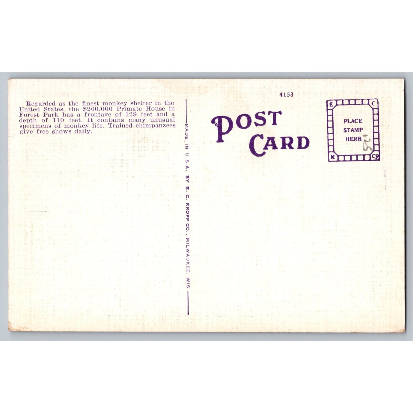 St Louis MO Missouri Forest Park Monkey House White Border Chrome E.C. Kropp Co
