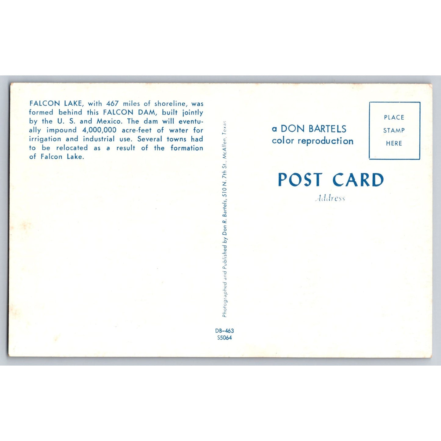 Starr Count TX Texas Falcon Dam & Lake U.S. & Mexico Border Chrome Postcard