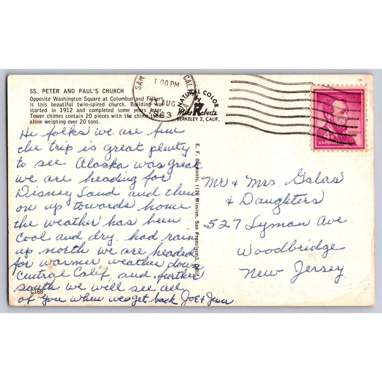 San Francisco CA California SS Peter & Pauls Church 1963 Chrome Postcard Used