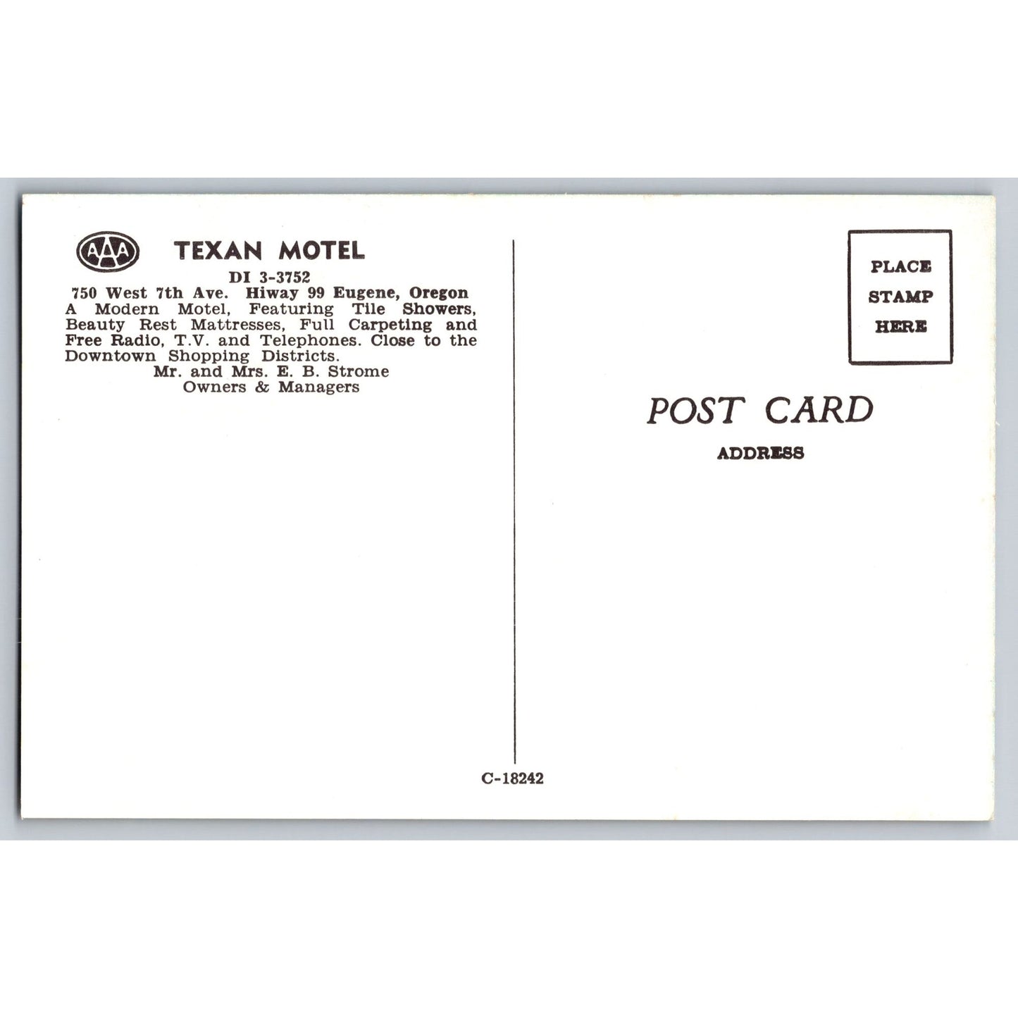 Eugene OR Oregon Texan Motel Chrome Postcard Unused