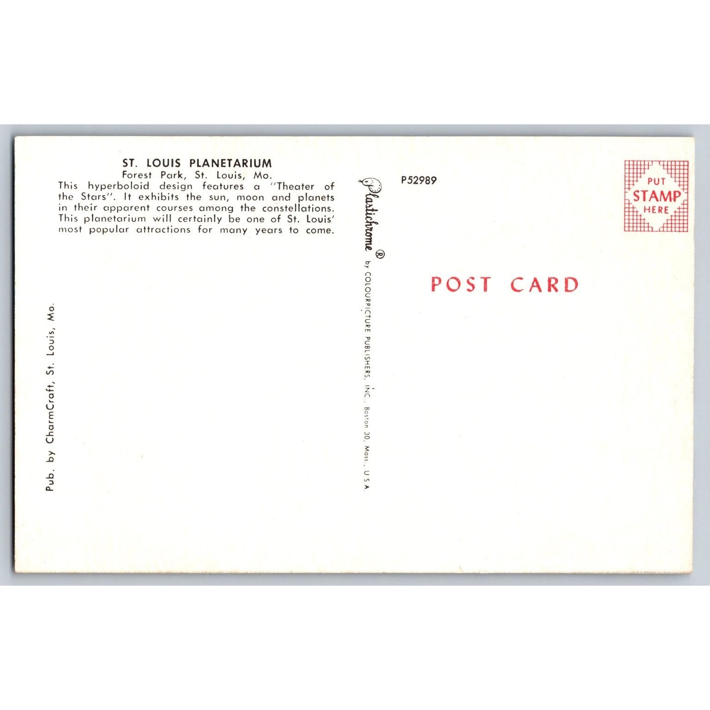 St. Louis MO Missouri Planetarium Forest Park Chrome Postcard Unused
