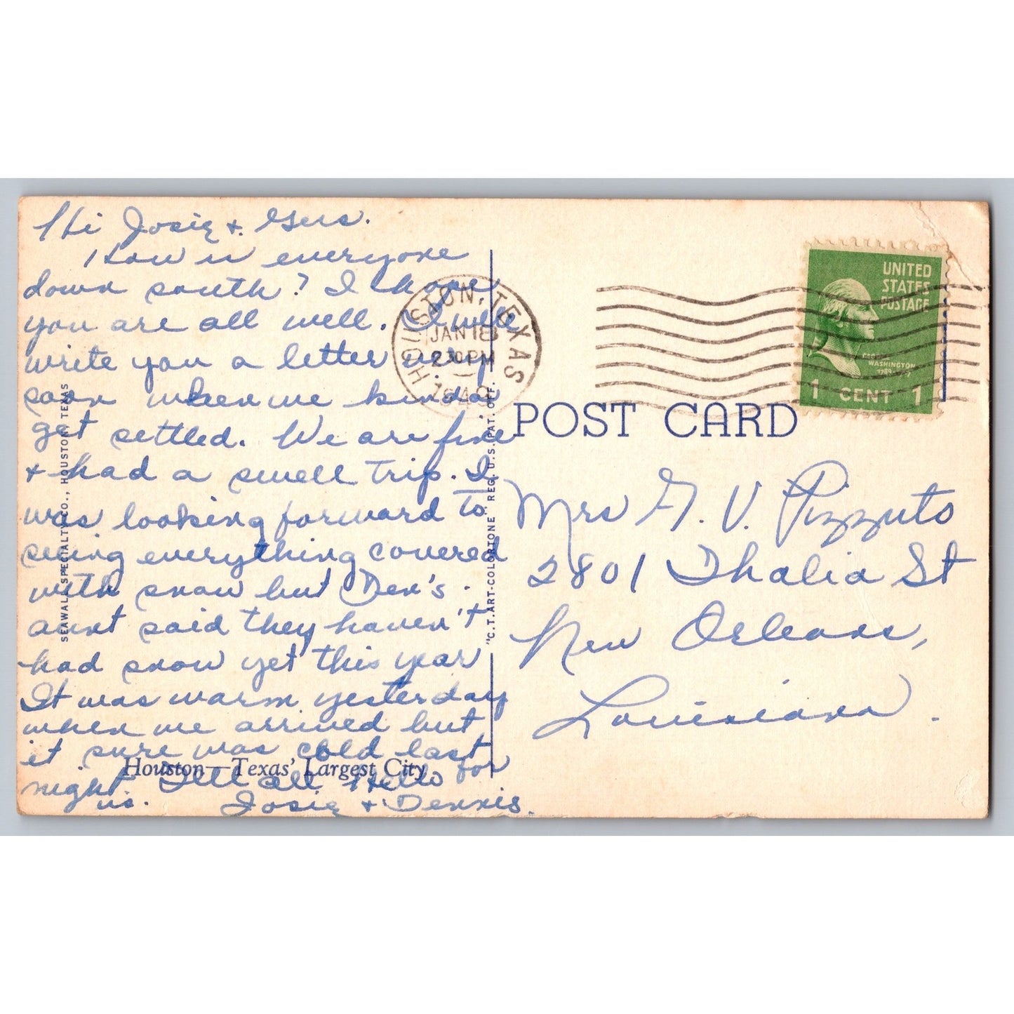 Houston TX Texas US Post Office Linen Postcard Used 1940s