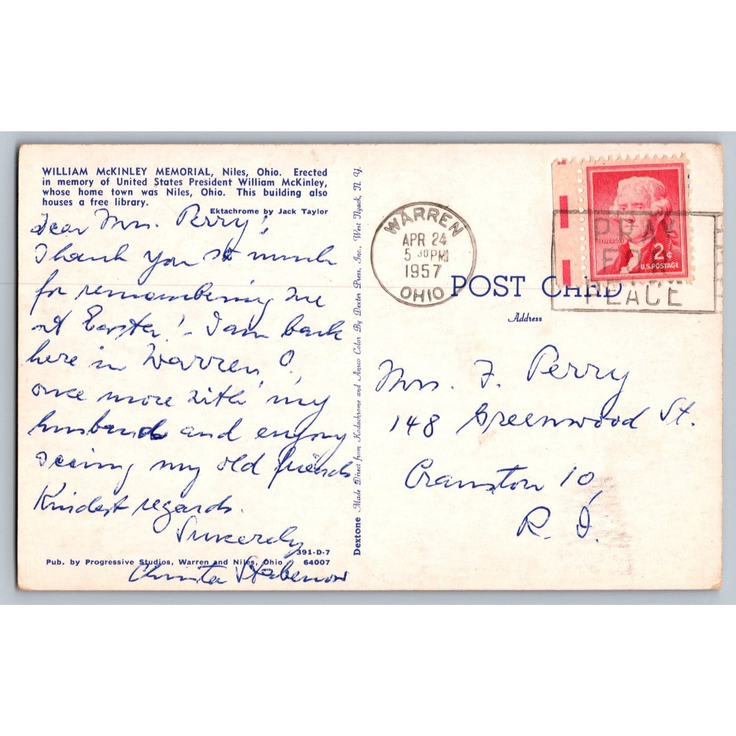 Nile OH Ohio William McKinley Memorial 1957 Chrome Postcard Used