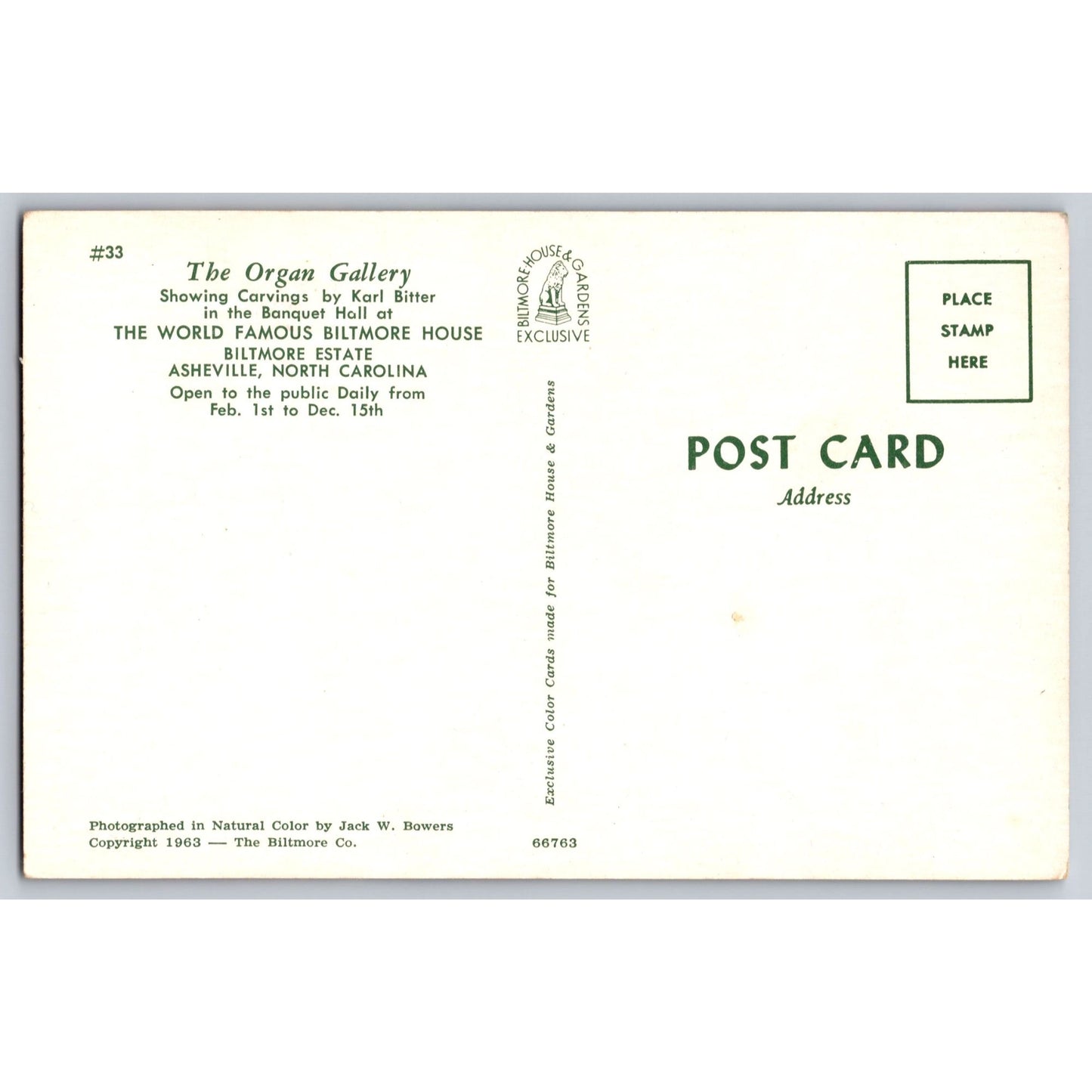 Asheville NC North Carolina Biltmore Estate Organ Gallery Chrome Postcard