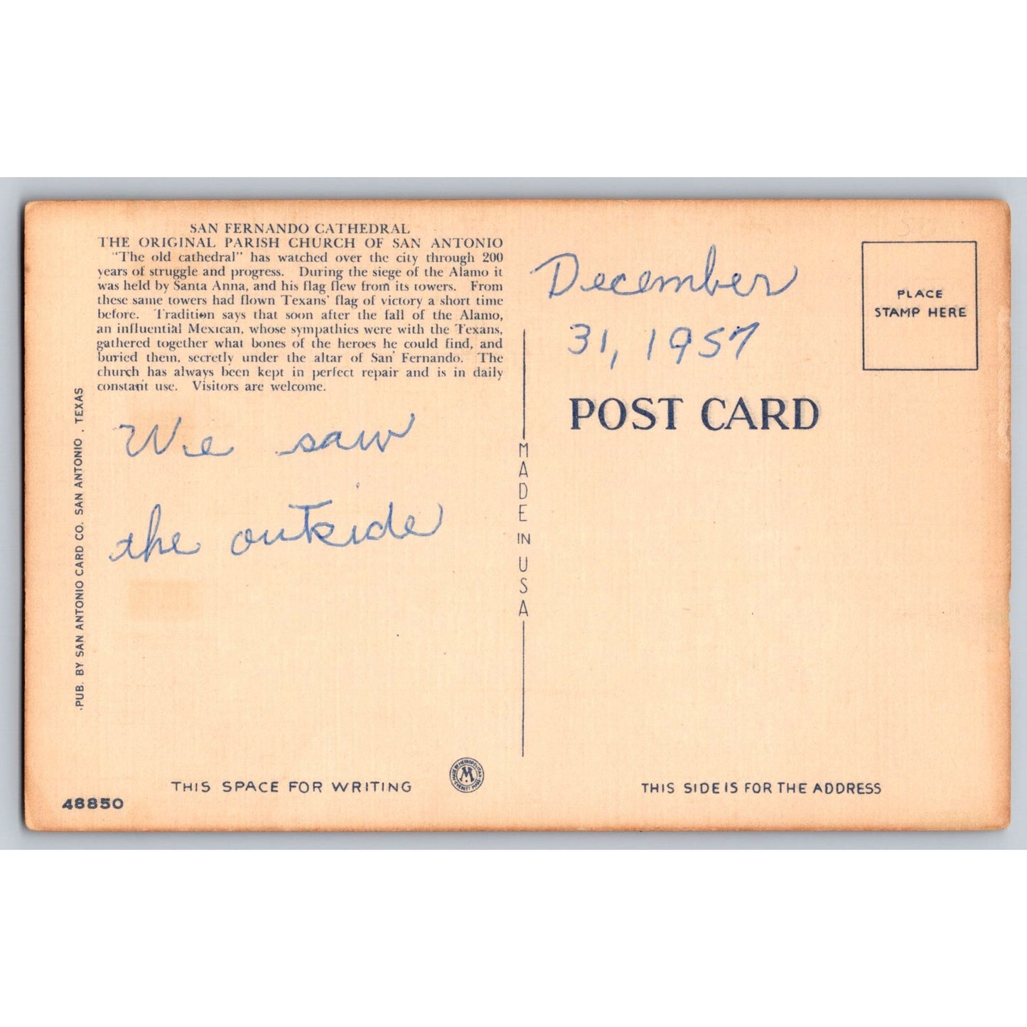 San Antonio TX Texas San Fernando Cathedral 1957 Linen Postcard Used