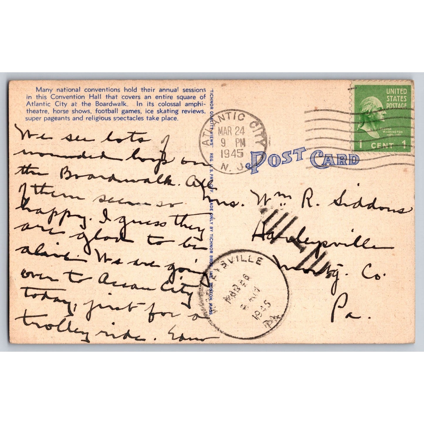 Atlantic City NJ New Jersey Auditorium & Convention Hall Postcard Used 1945