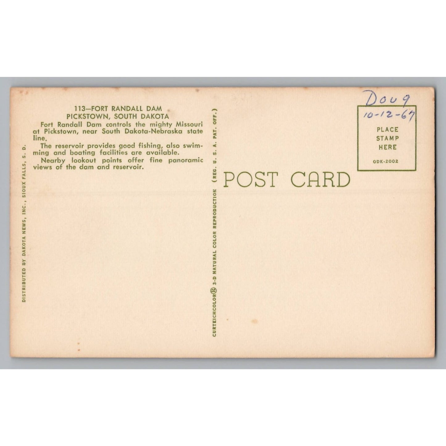 Pickstown SD South Dakota Fort Randall Dam Postcard Curt Teich