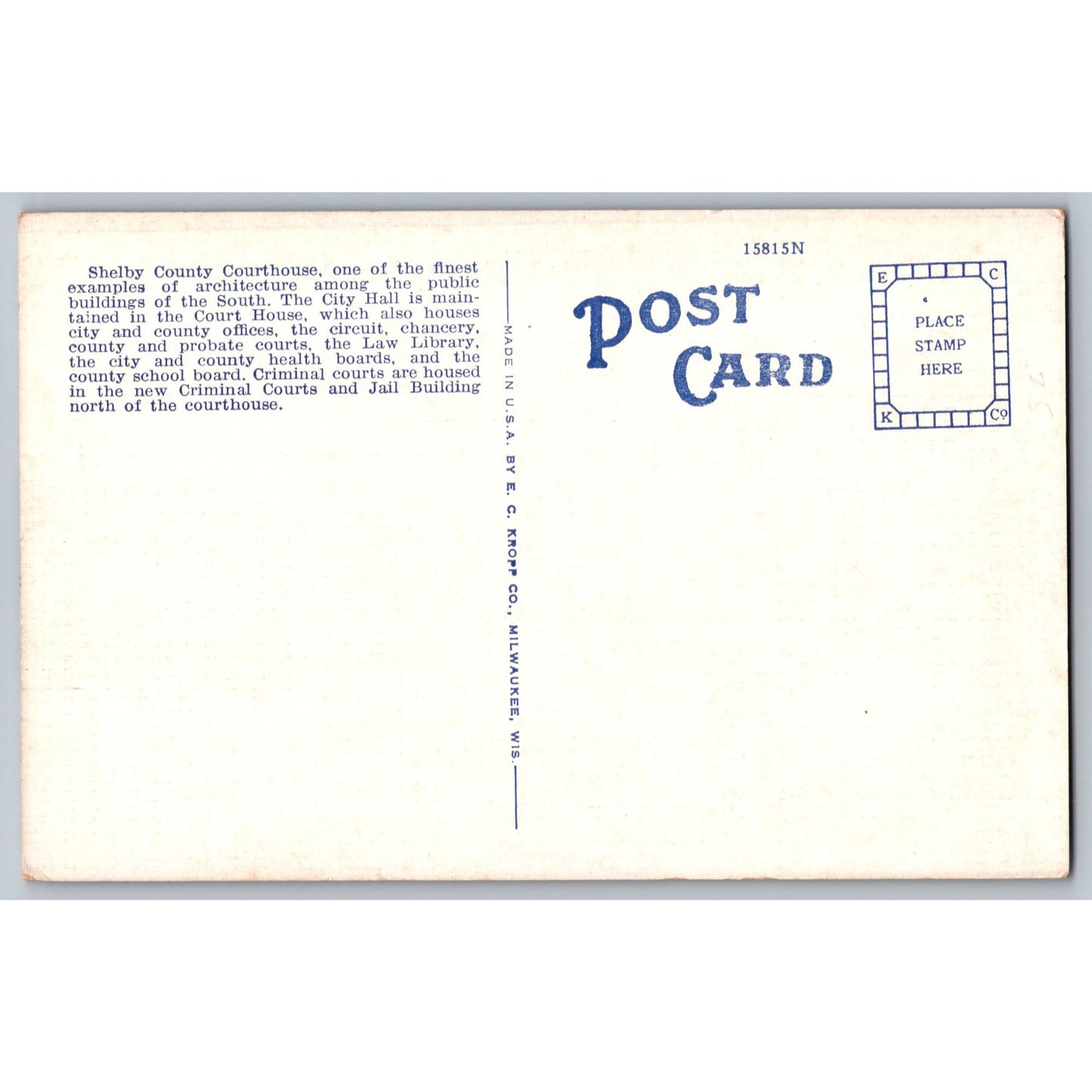 Memphis TN Tennessee Shelby County Courthouse 1930s Linen Postcard Unused