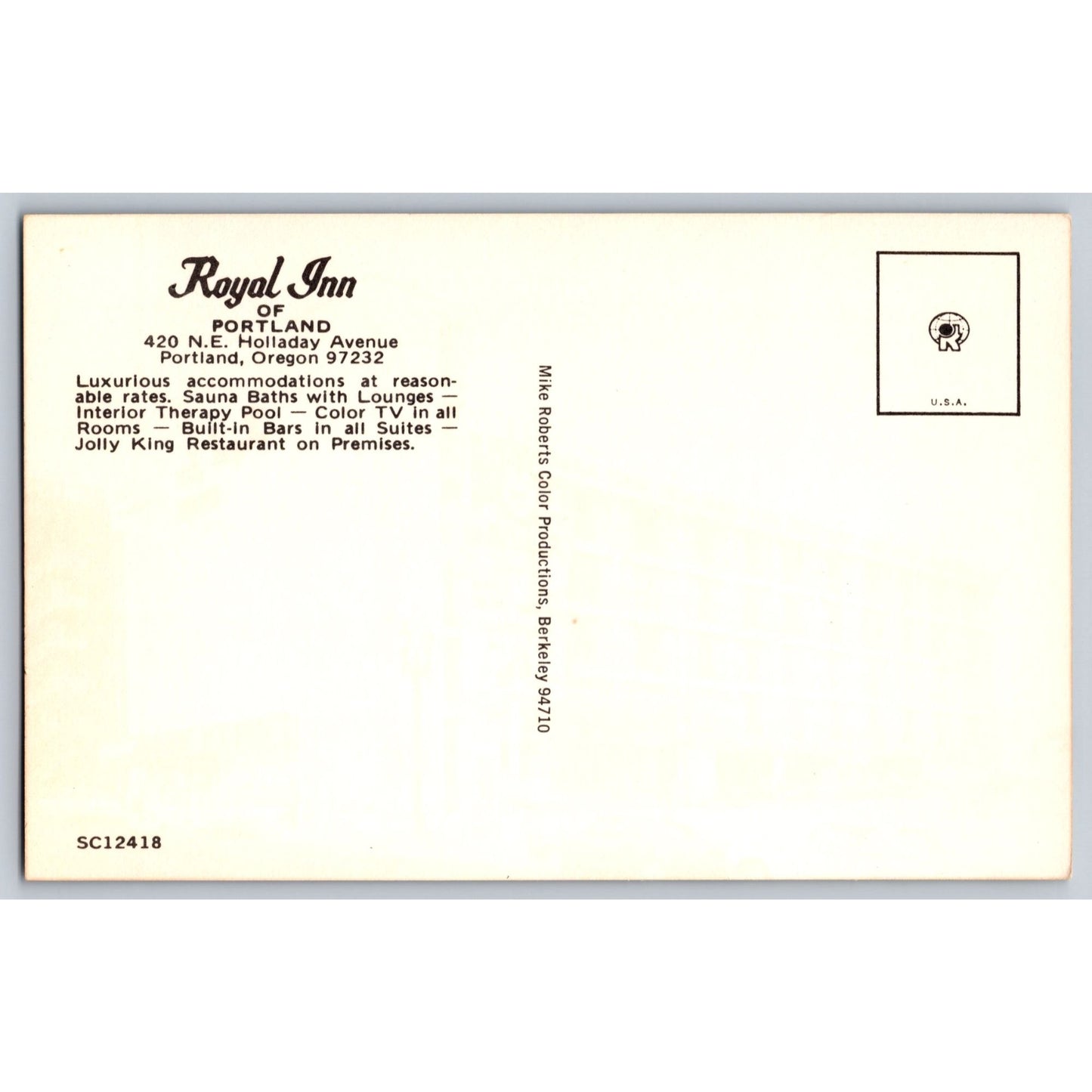 Portland OR Oregon Royal Inn Hotel Chrome Postcard Unused Mike Roberts