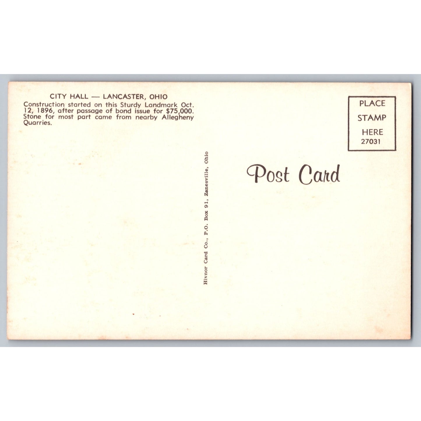 Lancaster OH Ohio City Hall Chrome Postcard 1960s Unused Hivnor Card Co