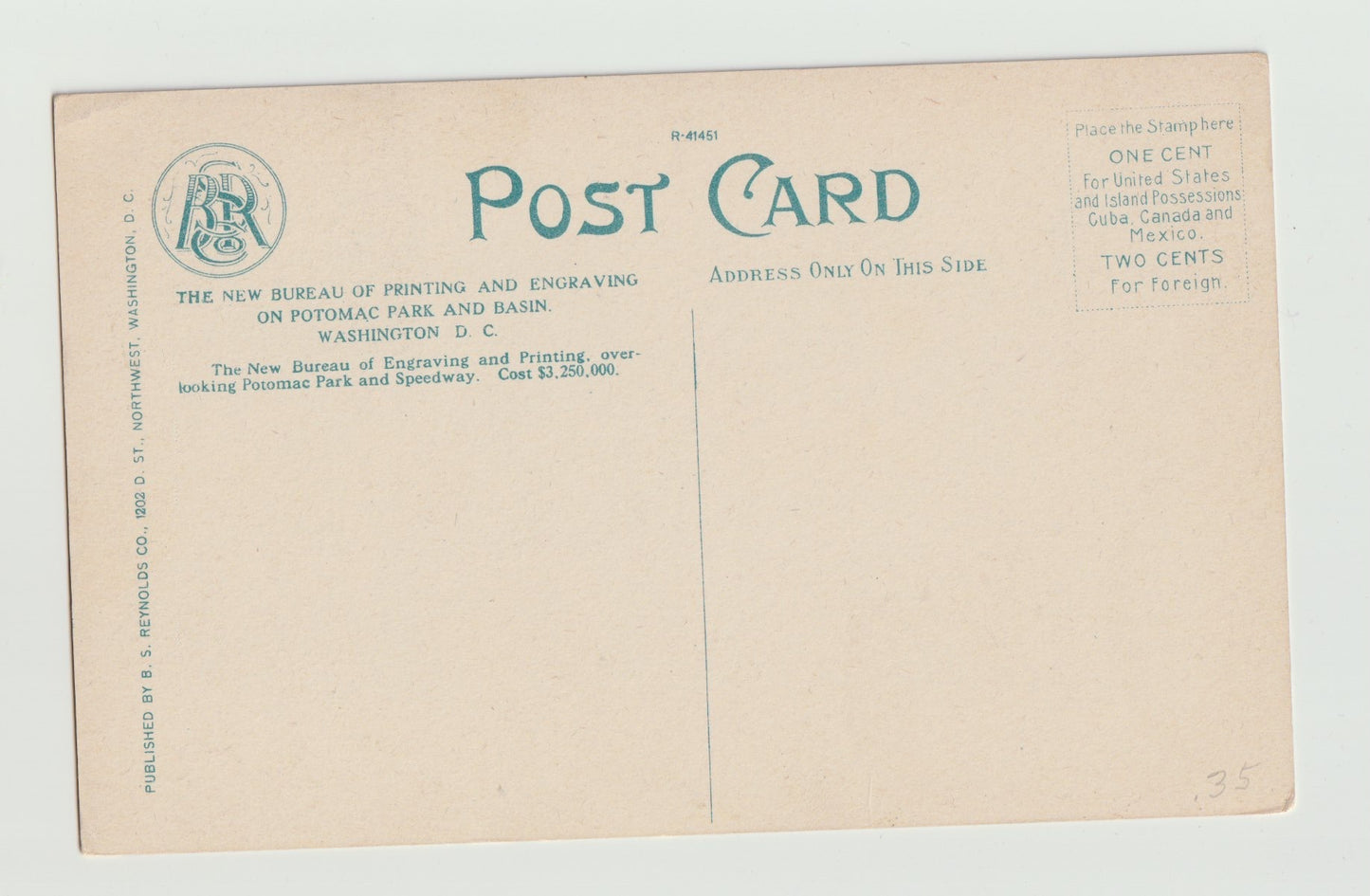 Postcard DC Washington Bureau of Printing & Engraving Washington Monument Divide Back Unused