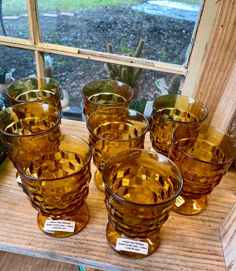 Vintage Indiana Glass Whitehall Amber Cubist Juice Glass - Mid Century Amber Glassware 8 pcs