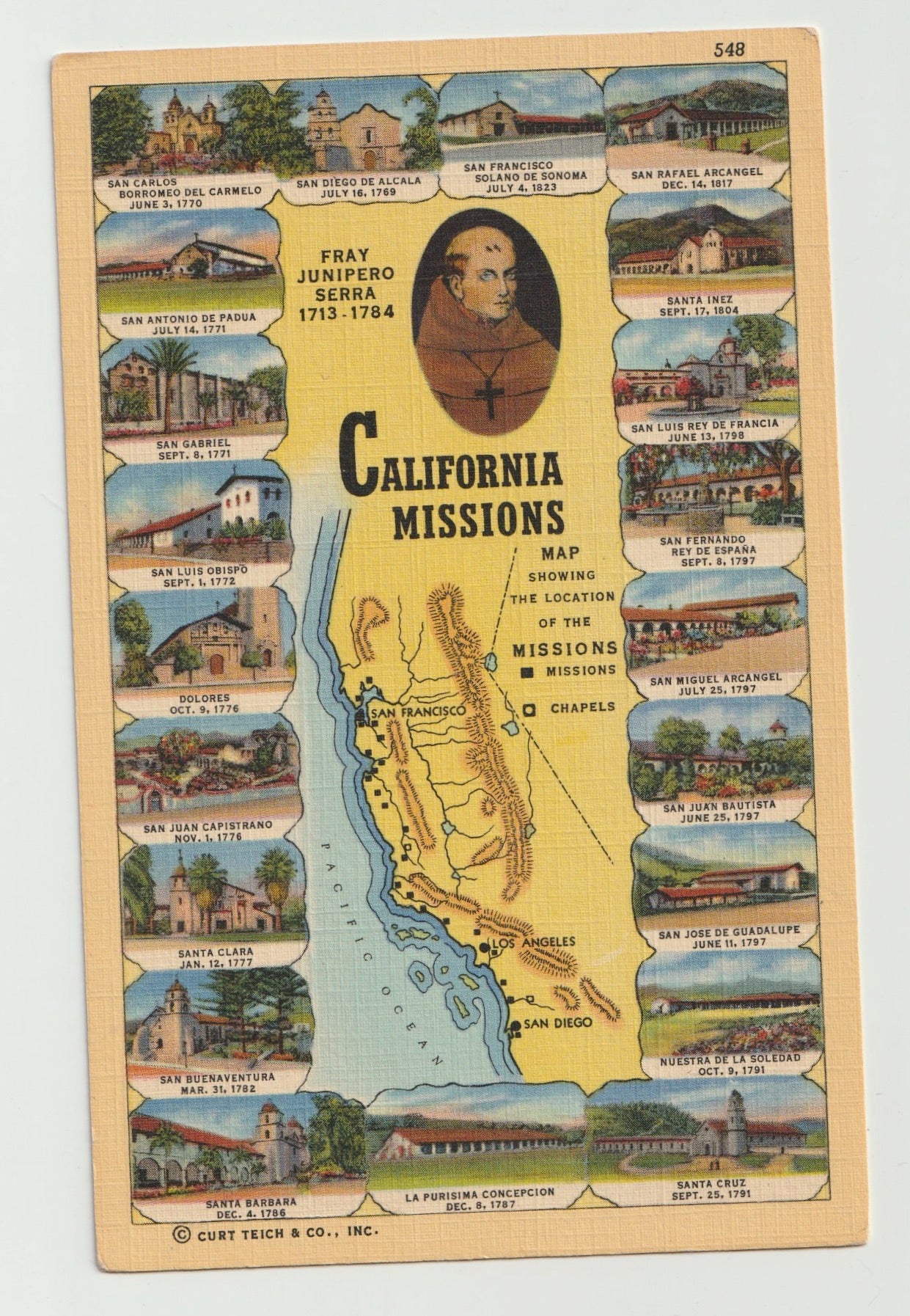 Postcard CA California Spanish Missions 21 Views Map Linen Unused