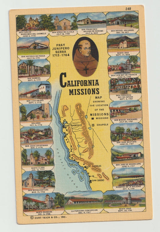 Postcard CA California Spanish Missions 21 Views Map Linen Unused