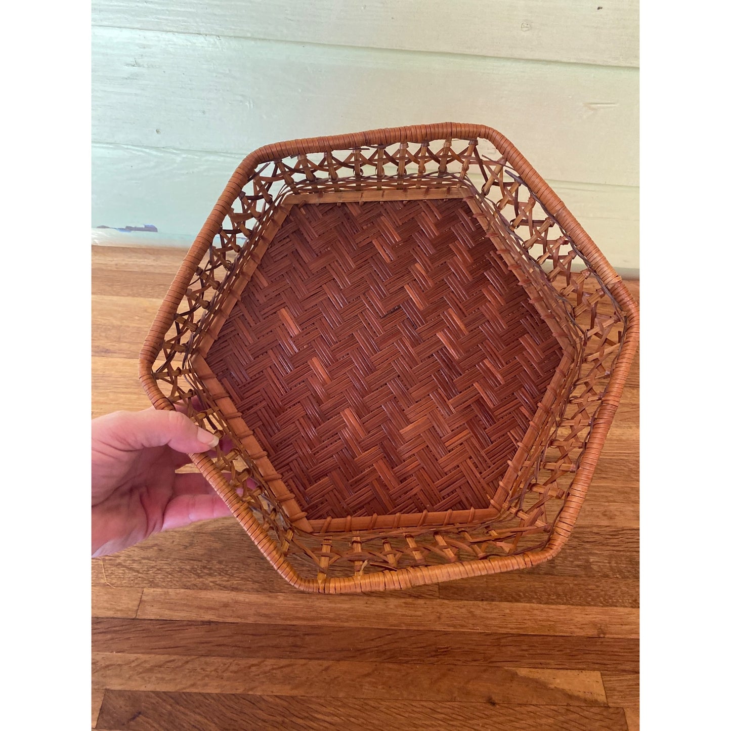 Hexagonal Woven Bamboo Basket With Openwork Sides - Decorative & Functional Storage