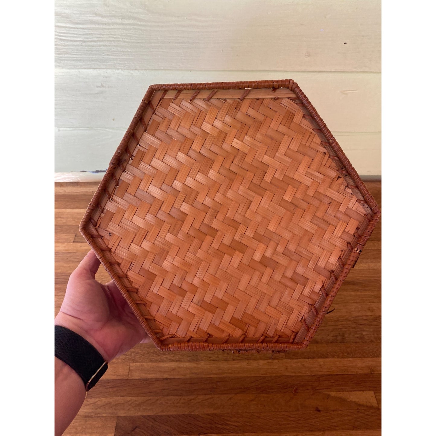 Hexagonal Woven Bamboo Basket With Openwork Sides - Decorative & Functional Storage
