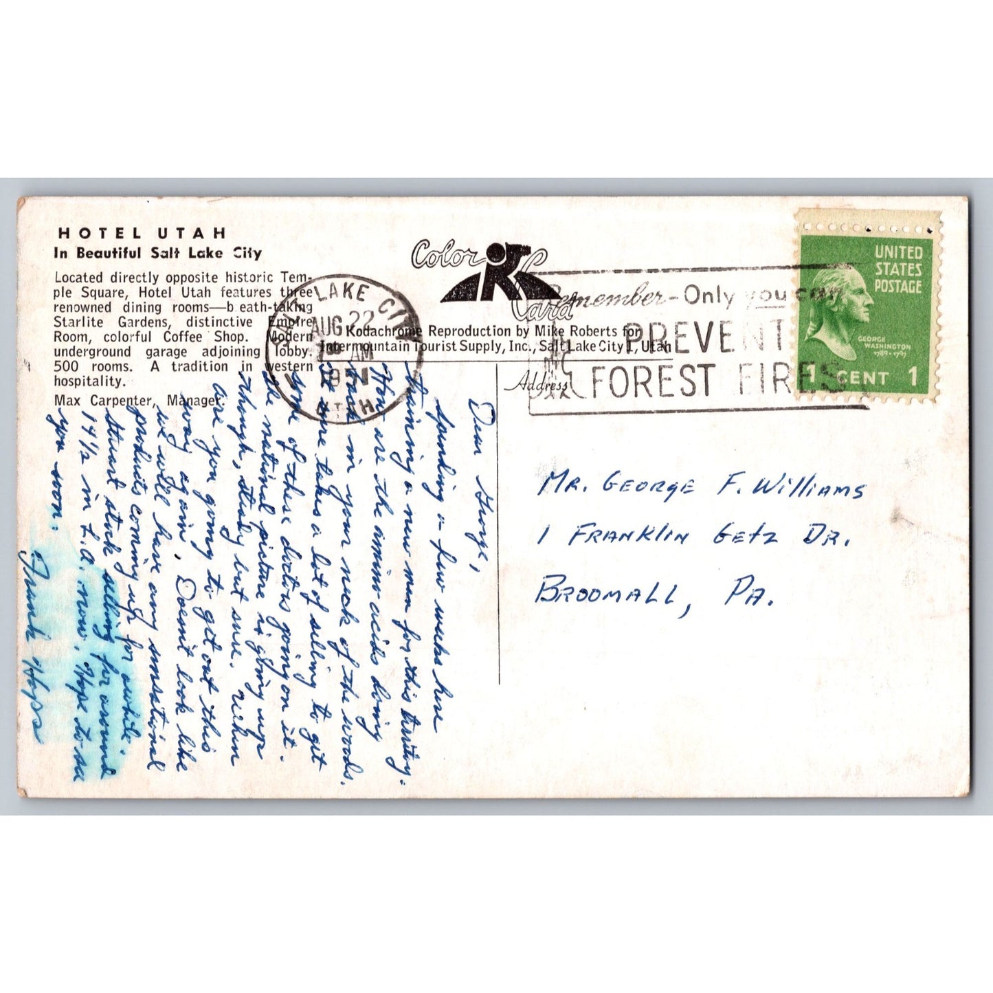 Salt Lake City UT Utah Hotel 1957 Chrome Postcard Used Color-King Mike Roberts