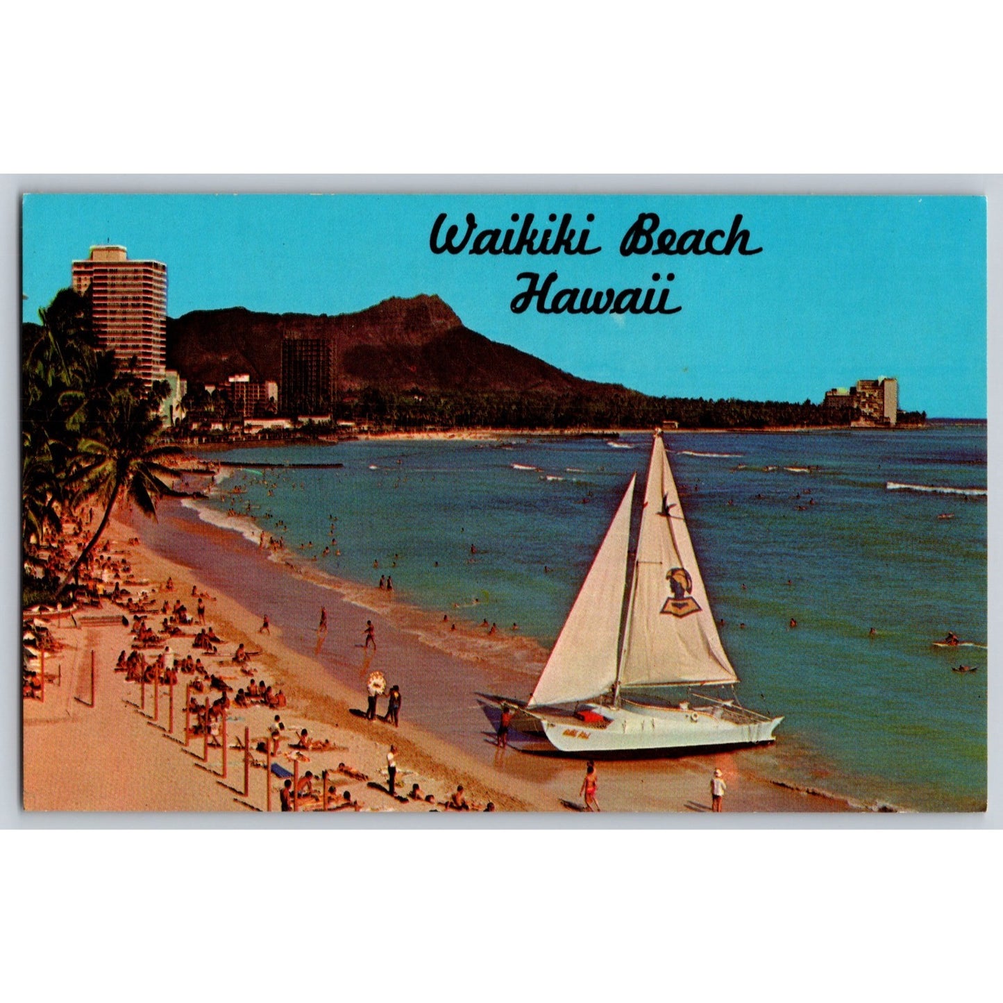 Waikiki HI Hawaii Diamond Head Background 1970s Chrome Postcard Unused