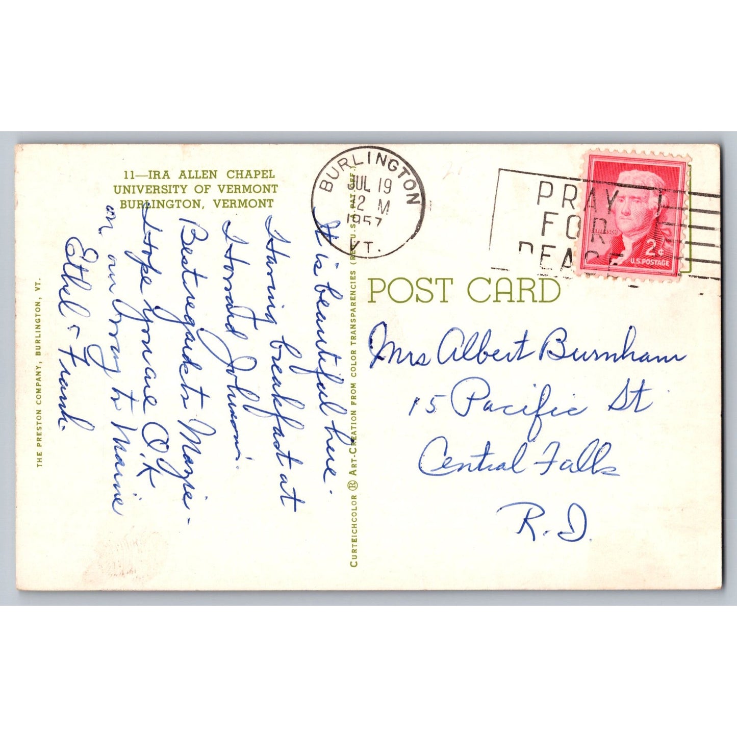 Burlington VT Vermont University Of Vermont Ira Allen Chapel 1957 Chrome Postcard