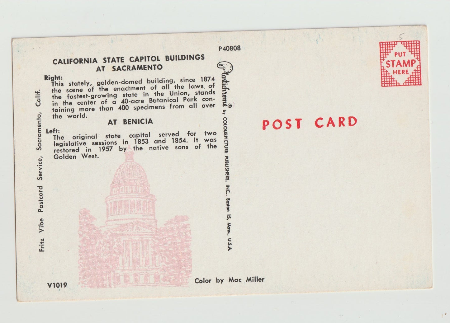 Postcard CA California Sacramento State Capitol Building 1954 Chrome Unused