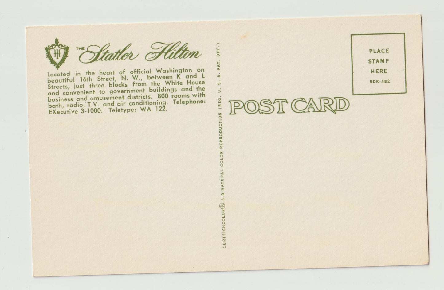 Postcard DC Washington Statler Hilton Hotel Chrome Unused