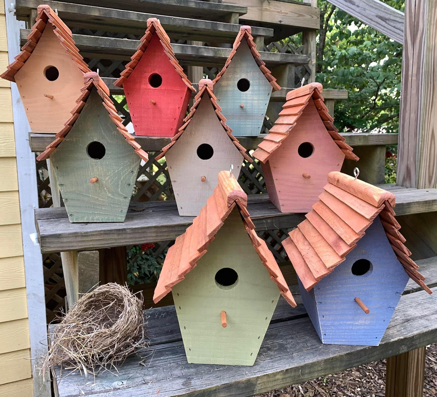 Handmade Birdhouse for Outdoor Use - Blue Spruce Milk Paint and Stained Roof