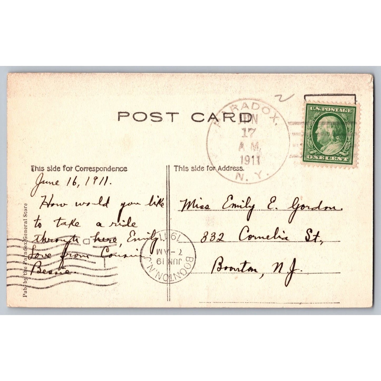 Adirondack Mountains NY Road to Paradox Lake 1911 Divided Back Postcard Used