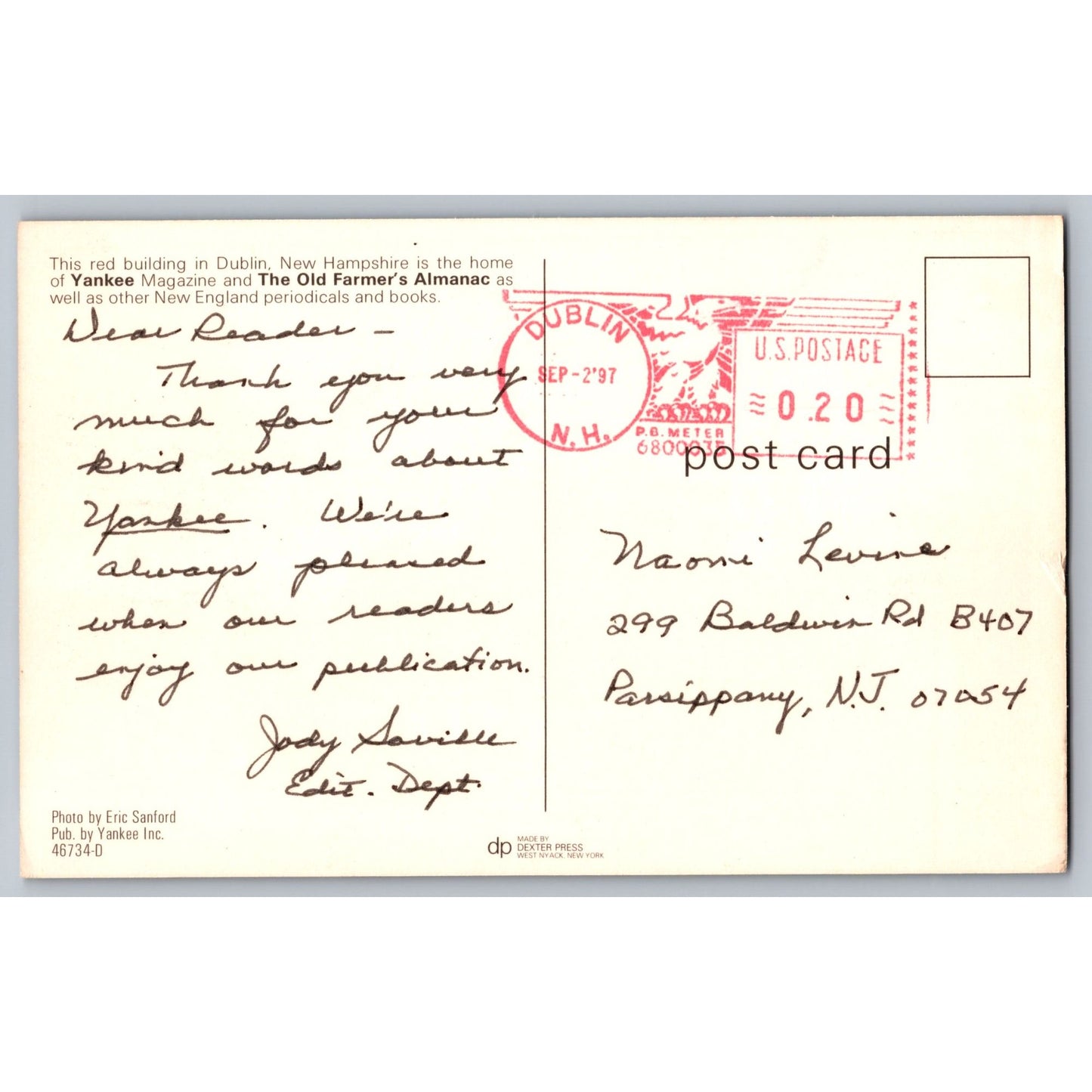 Dublin NH New Hampshire Yankee Magazine Old Farmers Almanac Postcard Used