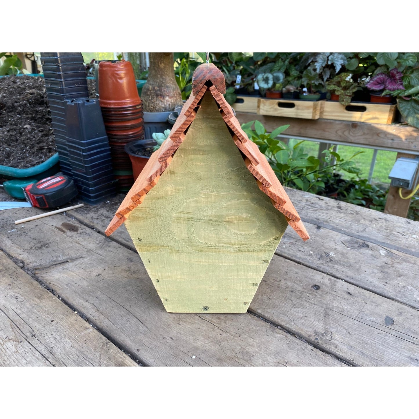 Handmade Birdhouse for Outdoor Use - Bayberry Green Milk Paint and Stained Roof