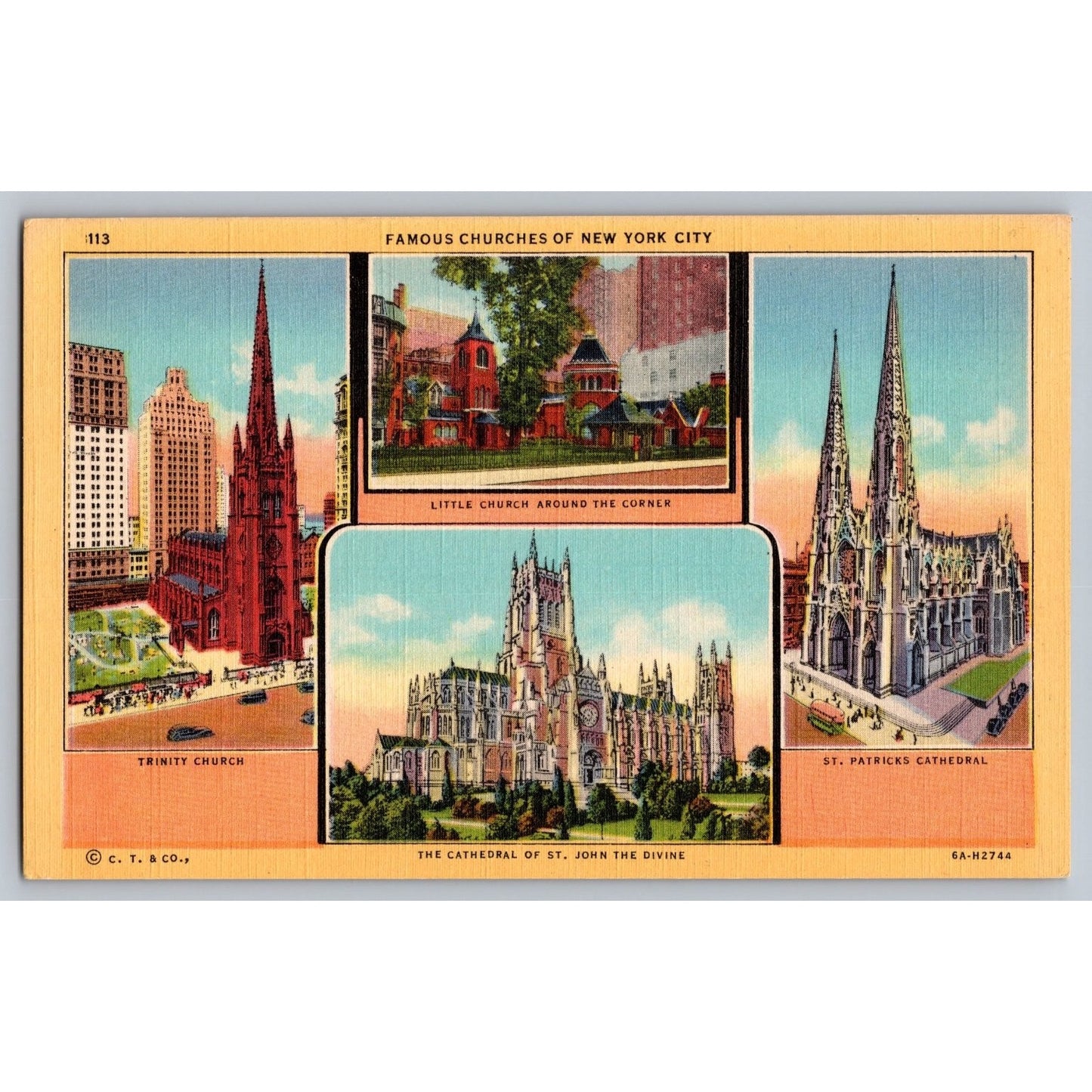 New York City NY Famous Churches Linen Postcard 4 Views Unused