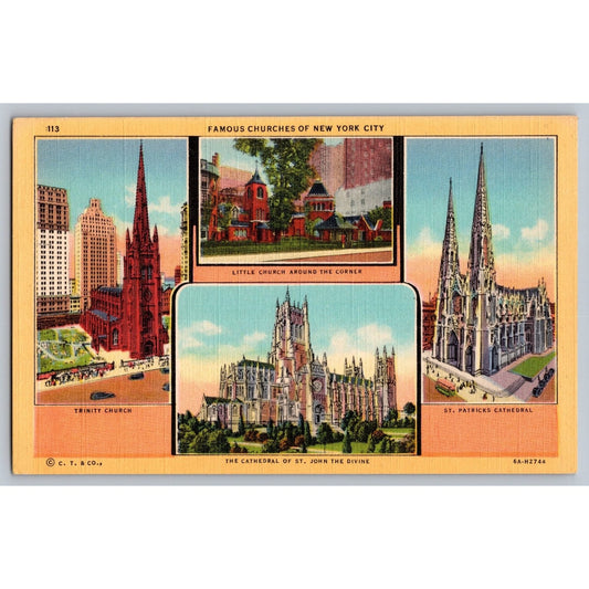 New York City NY Famous Churches Linen Postcard 4 Views Unused