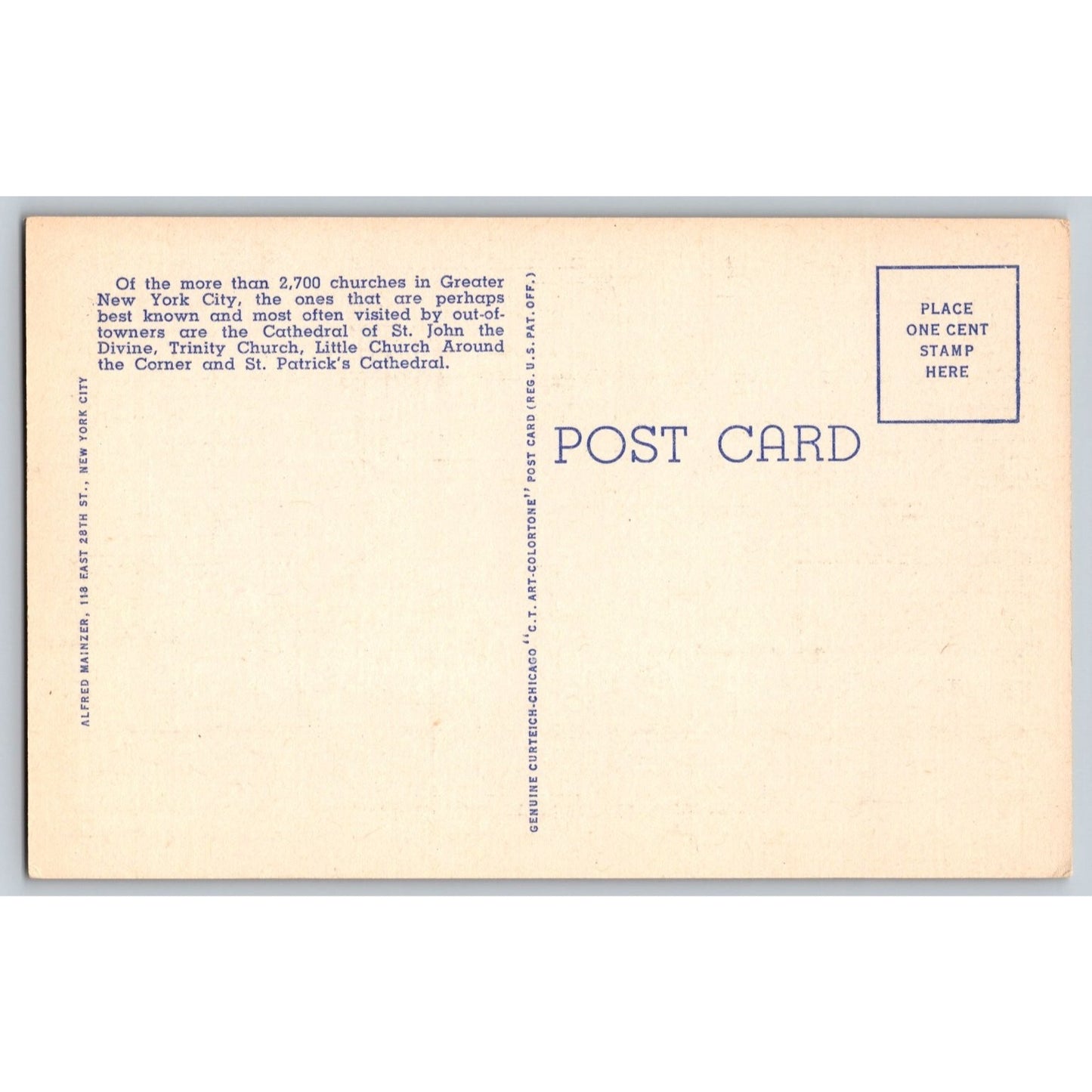 New York City NY Famous Churches Linen Postcard 4 Views Unused