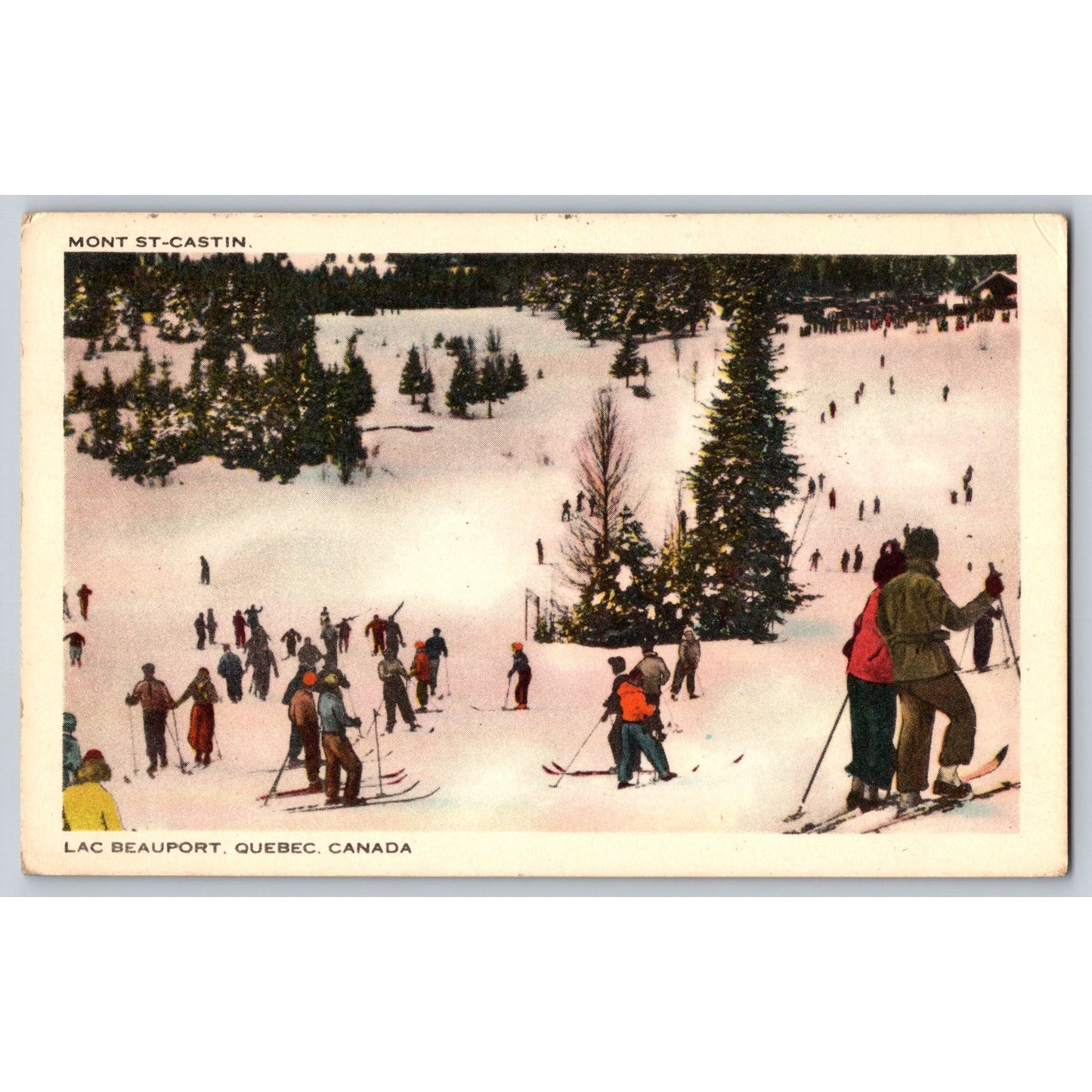 Canada Lac Beauport Quebec Mont St-Castin Skiers Scene 1950s Postcard