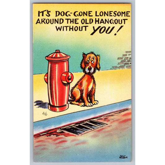 Comic Postcard Humorous Dog Gone Lonesome Walt Munson Linen Unused