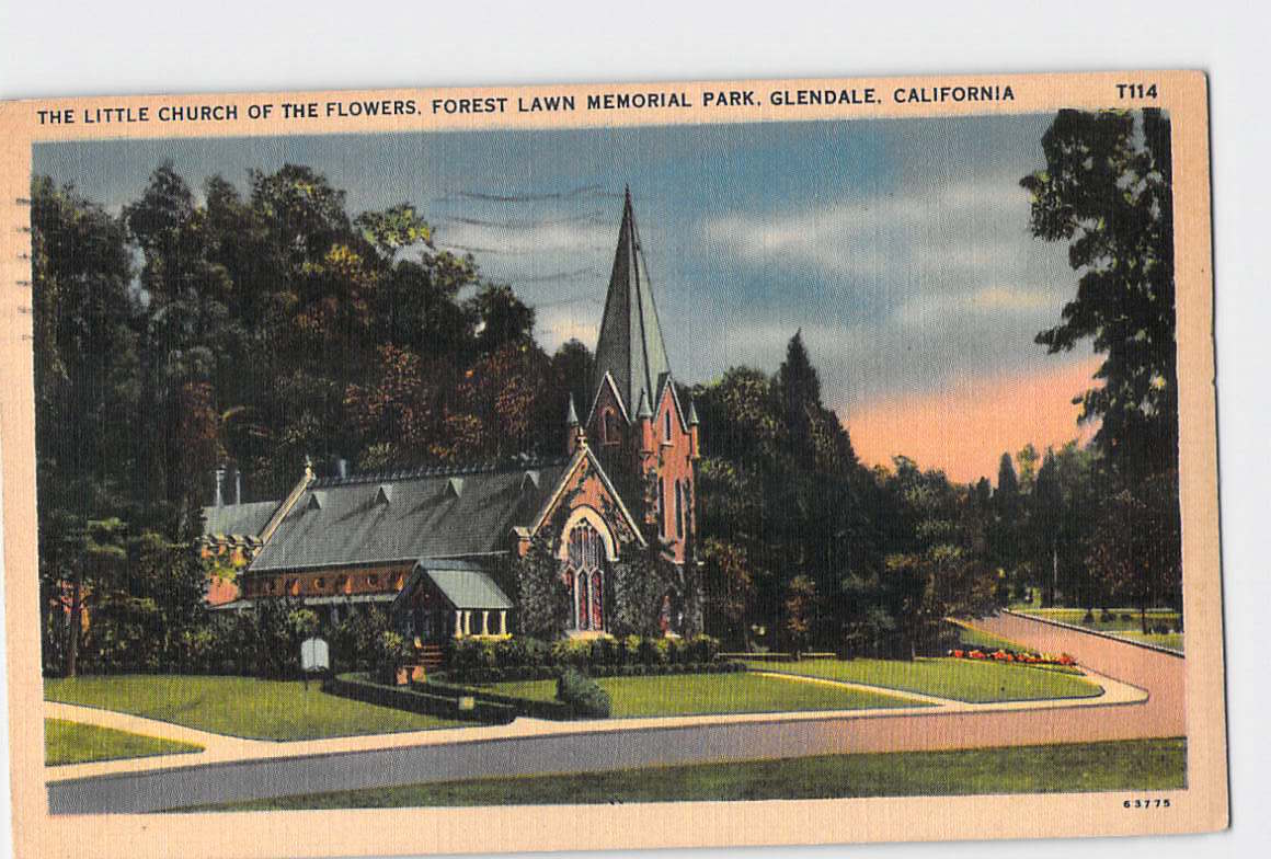 Postcard CA California Glendale Church of the Flowers Forest Lawn Linen Used