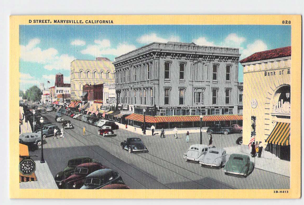 Postcard CA California Marysville D Street Yellow Border Linen Unused