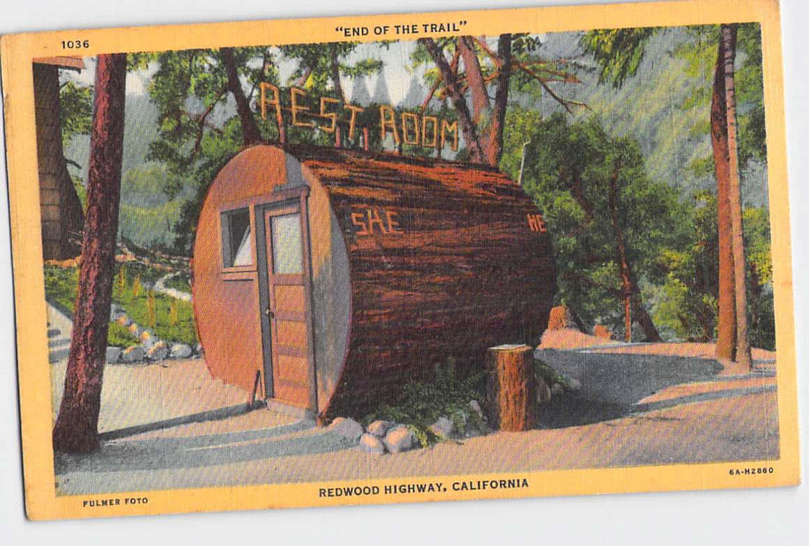 Postcard CA California Redwood Highway End of the Trail Restroom Yellow Border Linen