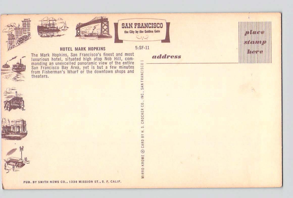 Postcard CA California San Francisco Hotel Mark Hopkins Chrome Unused