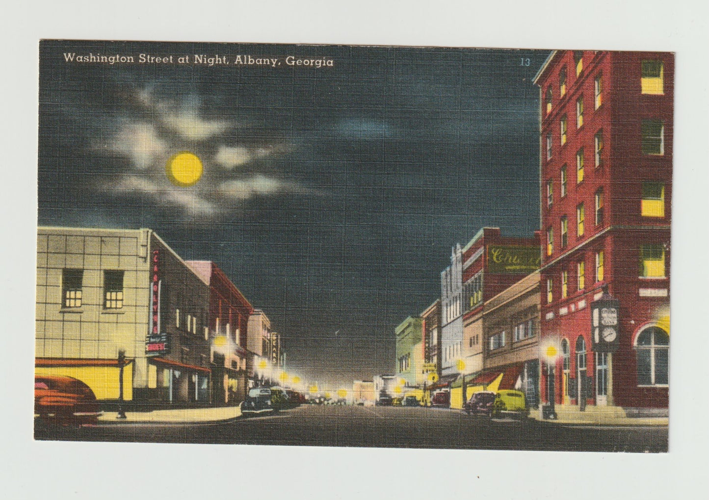 Postcard GA Georgia Albany Washington Street at Night Moonlight Linen Unused