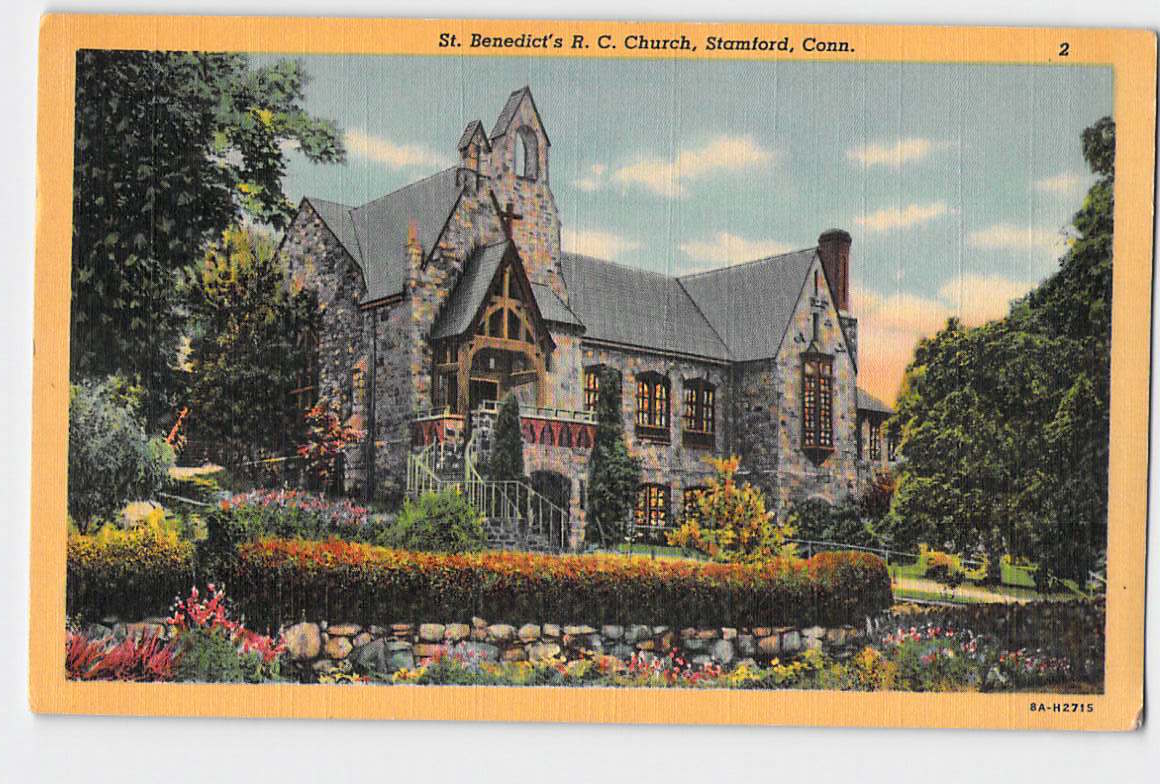 Postcard CT Connecticut Stamford St Benedict's RC Church Yellow Border Linen Unused