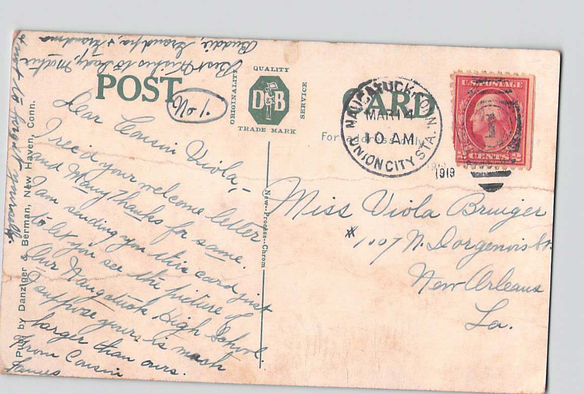 Postcard CT Connecticut Naugatuck High School 1919 Divided Red Letter Used