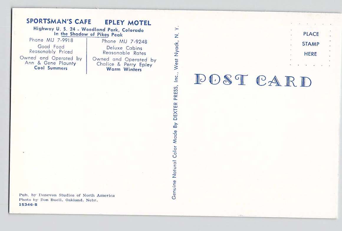 Postcard CO Colorado Woodland Park Sportsman Cafe Epley Motel Chrome Unused