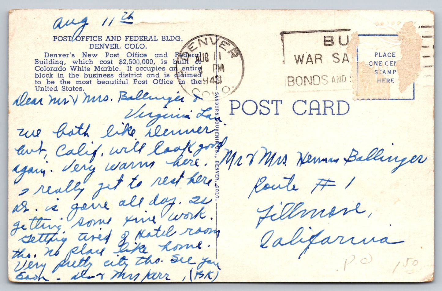 Postcard CO Colorado Denver Post Office Federal Building Linen Used